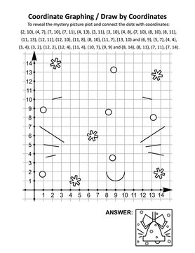 Coordinate graphing, or draw by coordinates, math worksheet with christmas ringing bell: To reveal the mystery picture plot and connect the dots with given coordinates. Answer included.