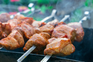 Pork roasted over the coals closeup