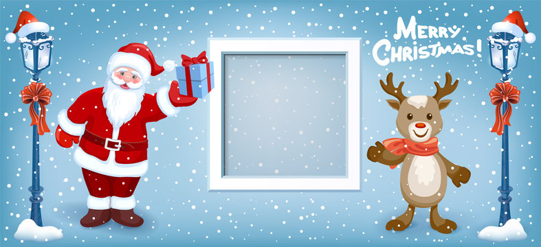 Cartoon Santa Claus with gift box, deer and photo frame on background of Christmas snowfall, street lamp and inscription "Merry Christmas"