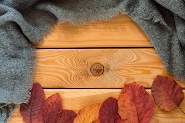Flat lay view of grey scarf and autumn leaves   on wooden background
