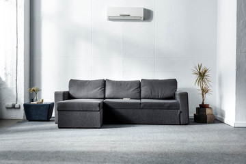 grey modern sofa at light room near white wall