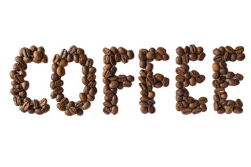 A word coffee laid out of roasted fragrant coffee beans on a white background	
