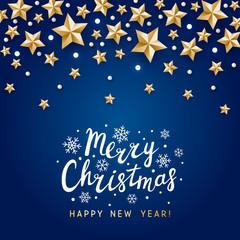 Fototapeta na wymiar Christmas greeting card with golden stars decor on blue - vector background for winter holiday design