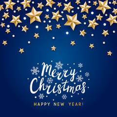 Christmas greeting card with golden stars decor on blue - vector background for winter holiday design