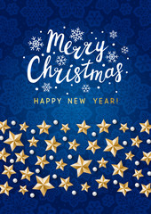 Christmas greeting card with golden stars border on blue snowflakes background for winter holiday design