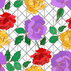 Vector rose floral botanical flowers. Black and white engraved ink art. Seamless background pattern.