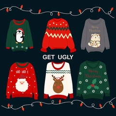 set of cute ugly Christmas sweaters.