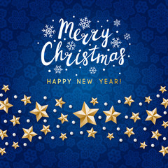 Christmas greeting card with golden stars decor on blue snowflakes background for winter holiday design
