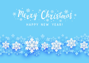 Christmas greeting card with paper snowflakes border on blue background for Your holiday design