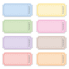 Strip tickets, blank raffle tickets, different colors. For tombola, lottery, admission, cinema, theater, festival and other events. Retro style vector on white background.