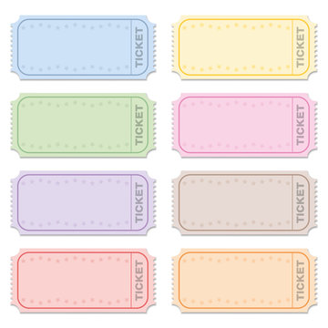 Strip tickets, blank raffle tickets, different colors. For tombola, lottery, admission, cinema, theater, festival and other events. Retro style vector on white background.