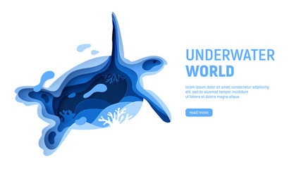 Underwater world page template. Paper art underwater world concept with turtle silhouette. Paper cut sea background with tortoise, waves and coral reefs. Craft vector illustration