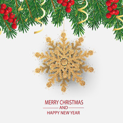 Merry Christmas and Happy New Year. Christmas tree branches with gold snowflake on white background.