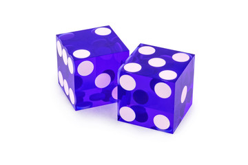 Two blue professional game dice closeup isolated on a white background / two and five with a light shadow.