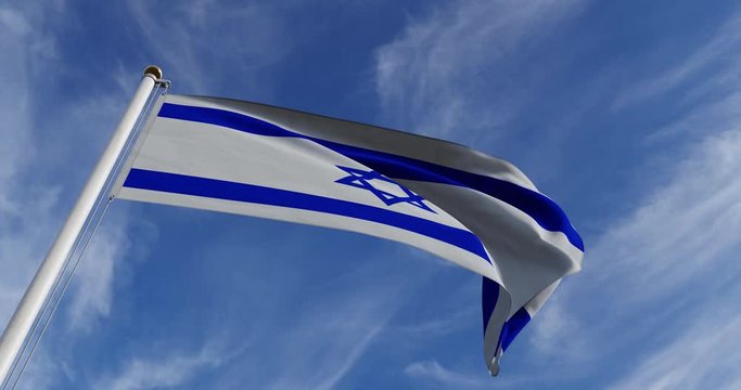 Israeli Waving Flag Flying Depicts The State Of Israel Insignia. Jerusalem Government Pennant Of Political freedom - 4k 30fps Video Footage