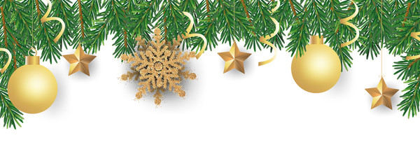 Merry Christmas and Happy New Year. Christmas tree branches with decoration on white background and text space.