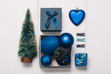 Christmas tree with decorations flat lay