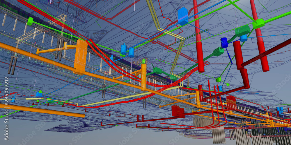 Poster the bim model of the infrastructure object of urban utilities wireframe view