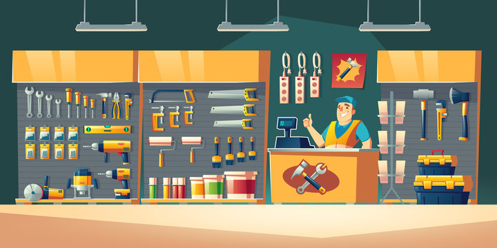 Tools store, hardware construction shop interior with salesman stand on counter desk showing thumb up and showcases with diy instruments on shelves for carpentry works Cartoon vector illustration