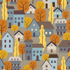 Autumn trees and houses seamless pattern. Fall city landscape, cartoon style. Can be used as wallpaper, wrapping paper, print, textile, fabric. etc
