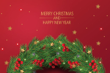 Merry Christmas and Happy New Year. Illustration of Christmas wreath with decoration in red background.