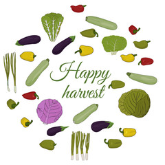 Happy harvest. Fresh green vegetables vector illustration.