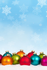 Christmas balls baubles background decoration card portrait format snowflakes snow winter