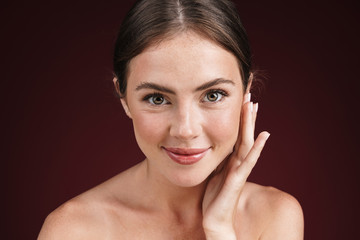 Image of gorgeous happy woman with clean fresh face smiling at camera