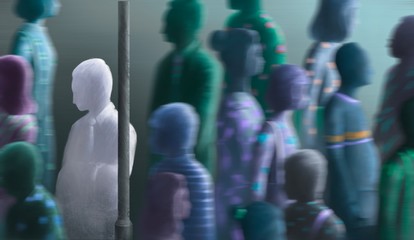 Lonely man in colorful crowd, fantasy surreal painting illustration