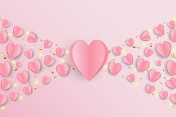 illustration of valentine day background. Pink hearts on pink background with decoration. paper art style.