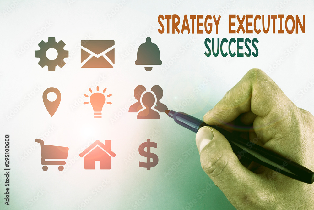Poster writing note showing strategy execution success. business concept for putting plan or list and start