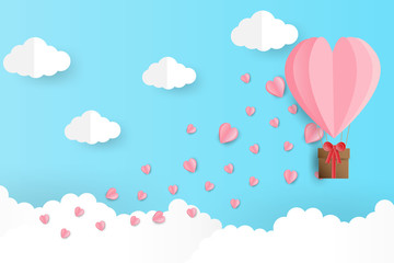 Obraz na płótnie Canvas Illustration of valentine day greeting card. Origami made heart balloon flying with heart float on the sky. Paper art style.