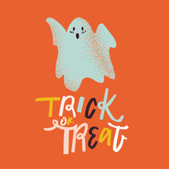 TRICK OR TREAT calligraphy and ghost clipart set. vector isolated image.
