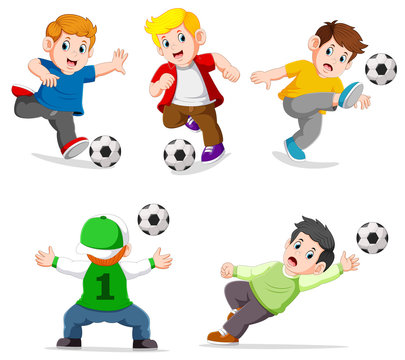 Collection boy playing soccer with different posing