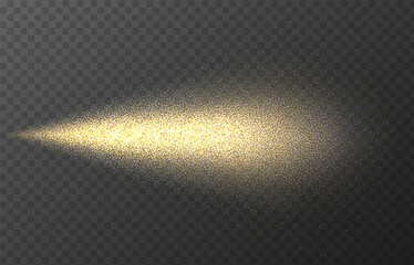 Gold spray paint with glitter particles isolated on transparent background. Golden fashion shimmer spray vector effect. Luxury scent template.