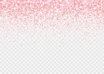 Rose gold glitter partickles isolated on transparent background. Pink backdrop shimmer effect for birthday cards, wedding invitations, Valentine's day templates etc. Falling sparkling confetti.