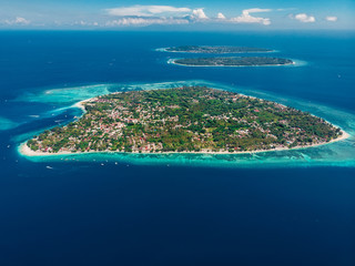 Fototapeta premium Aerial view with Gili islands and blue ocean. Gili Air, Meno with Trawangan.