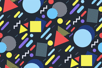 Vector geometric abstract pattern in the style of Memphis. Fashion 80-90's. Retro-style. Different geometric shapes of bright pastel color on dark background. Fashionable modern design.