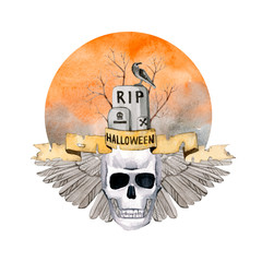 Watercolor  Halloween illustration for greeting card, design, invitation, banner, print.  Holiday print for design or background.