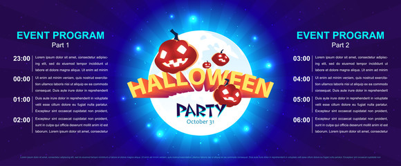 Halloween poster design. Joyful laughing pumpkins on the background of the moon and stars. EPS vector 10.