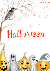 Watercolor Halloween pumpkin party for greeting card, design, invitation, banner, print.  Holiday print for design or background.