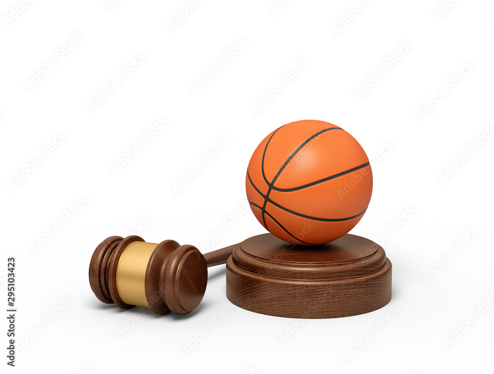 Poster 3d rendering of basketball on sounding block with judge gavel lying beside.