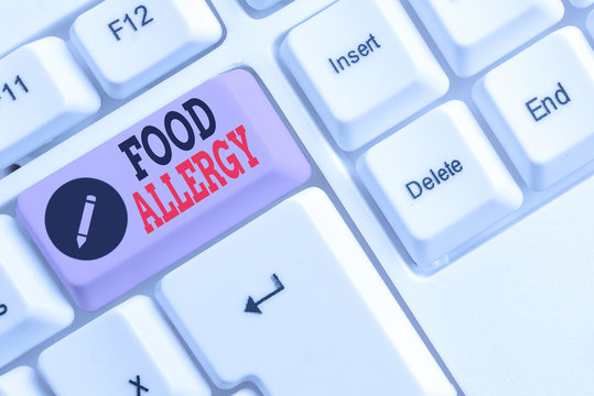 Text sign showing Food Allergy. Business photo text an abnormal immune response after eating a certain food White pc keyboard with empty note paper above white background key copy space