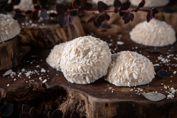 Coconut biscuit with caramel. Crispy and crumbly delicious cookies  with natural ingredients: flour, nuts, seeds, pieces of chocolate, cocoa, fruit jams. Stylish still life for poster.