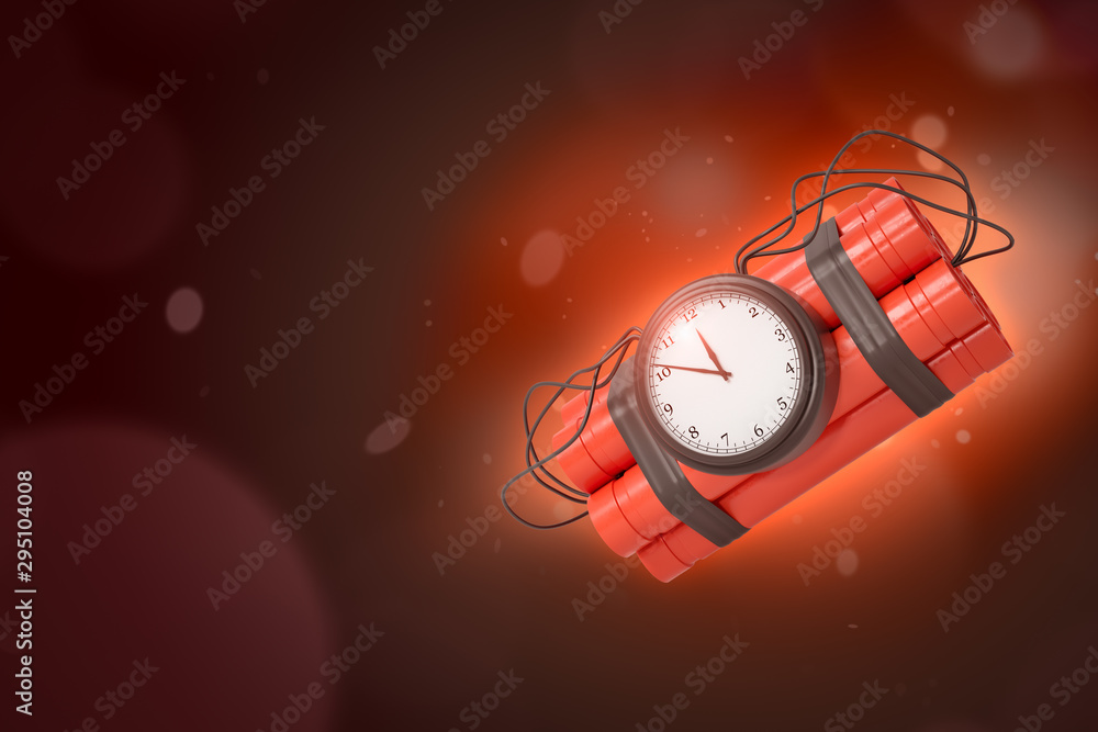 Poster 3d rendering of dynamite bundle with time bomb on red gradient bokeh background with copy space.