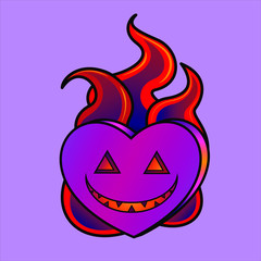 Vector illustration of a heart with spooky smile and flames of fire. Devilish heart with grimace. Blazing halloween heart.