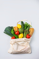 Mesh bag with fruits, vegetables. Zero waste, plastic free concept