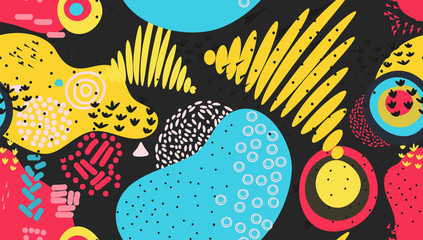 Color splash abstract cartoon background banner design element. Vector overlay colorful spotty pattern of geometric shape, line and dot in trendy Memphis animation 80s-90s style. Creative doodle art