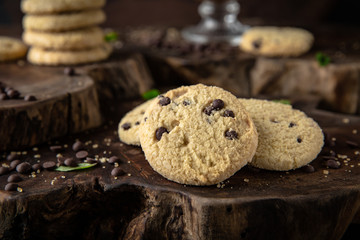 Сhocolate nut biscuit. Crispy and crumbly delicious cookies with natural ingredients: flour, nuts, seeds, pieces of chocolate, cocoa, fruit jams. Stylish still life for poster.