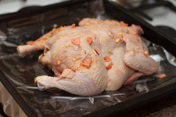Raw chicken with spices lies on a protein for baking